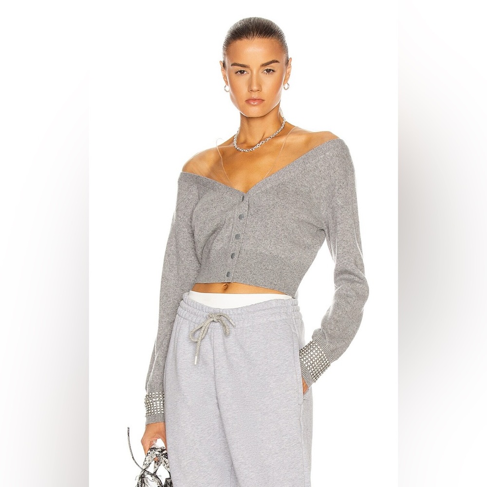 ALEXANDER WANG Crystal Cuff Mesh Cardigan Sweater in Gray M